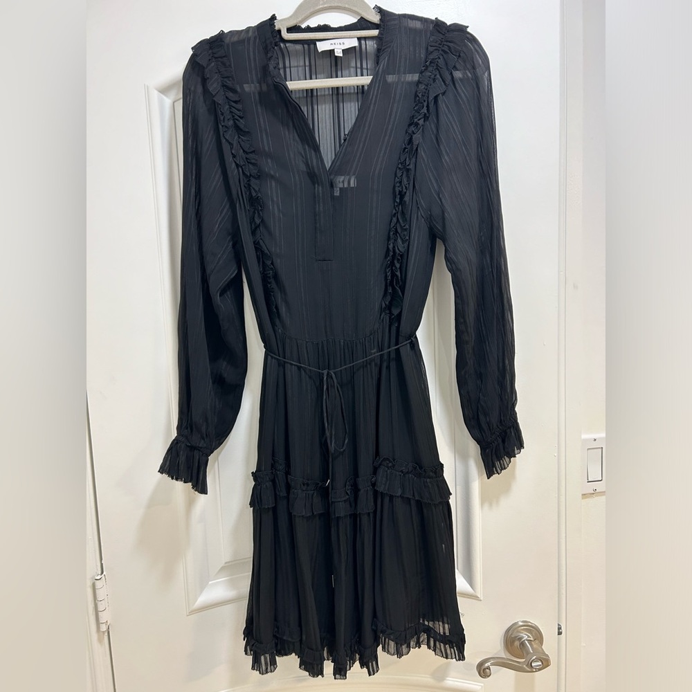 Reiss Black Long Sleeve Dress with Ruffle Details